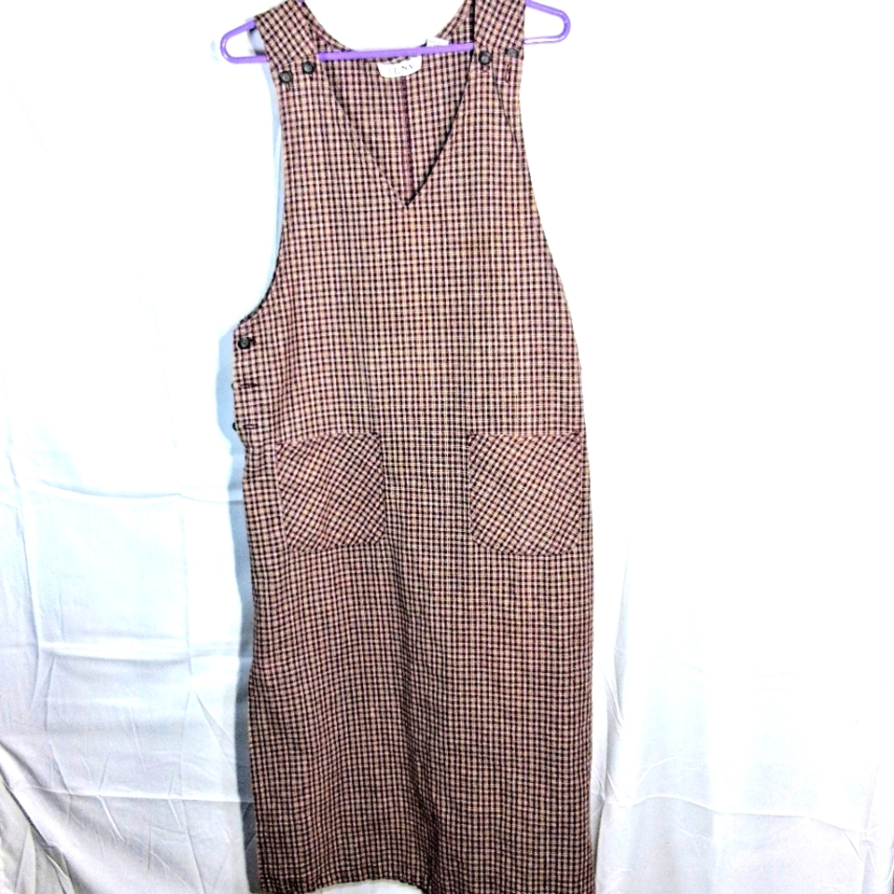 Women's JLNY Maxi Large Cottagecore Prairie Brown Plaid Pinafore Dress